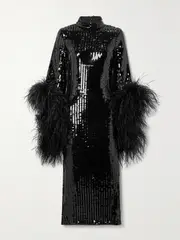 [Taller Marmo] Taller Marmo - Del Rio Disco Feather-trimmed Sequined Tulle Midi Dress - Black - IT42 IT 42 Black