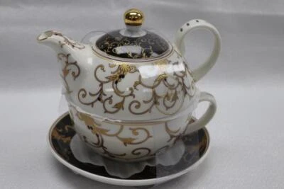 GRACE TEAWARE FLORAL SCROLL TEA FOR ONE-TEAPOT LID CUP & SAUCER-4PC-BLACK/WHITE