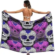 [RPLIFE] Sugar Skulls Bathing Suit Sarong Wrap, Tassel Sarong for Summer Beach/pool, Large, Sugar Skulls, Large