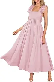 [MITILLY] Women's Summer Flutter Sleeve Square Neck Tie Back Casual Pleated A-Line Flowy Maxi Dress with Pockets