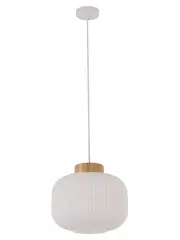 Mele 1 Light Squat Pendant in Frosted Opal Glass with Ash Wood