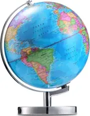 LED Illuminated World Globe with Chrome Rotating Stand – 3-in-1 Educational T...