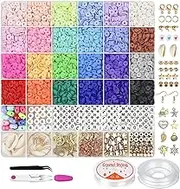 6100 Clay Beads for Jewellery Making,24 Colors 6mm Disc-Shaped Polymer Clay Beads with Pendant Charms Kit Letter Beads and Elastic Strings for DIY Craft, Bracelets, Necklace, Making Kit, Hand Making