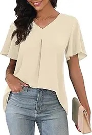 [LAOLASI] Womens Summer Chiffon Blouses Short Sleeve V Neck Casual Loose Work Tops for Leggings 2024 Flowy Dressy T-Shirts