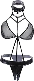 [Zylphorix] Black Mesh Halter Bra with Faux Leather Straps & Metal Ring Detail - Women's Edgy Gothic Lingerie Top