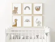 Boho Nursery Wall Art Print Set - 6 Canvas Animal Rainbow Prints for Baby Room Decor - Neutral Girl Boy Wall Decor - 8x10 Inch Unframed