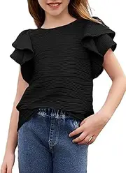 [blibean] Girls Ruffled Short Sleeve Textured Tops Shirts Size 6-15 Years