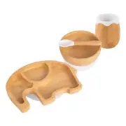 4pc Tiny Dining White Elephant Bamboo Baby Feeding Set Weaning Plate Bowl Spoon
