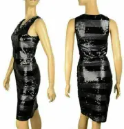 CLASS ROBERTO CAVALLI DRESS SEQUIN BEADS BLACK SILVER V-NECKLINE $1,050 38