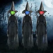 3 Pack Witches Halloween Decorations Outdoor, 6 FT Lighted Witch Stakes Yard Decoration with Change Colors, Life Size Scary Witch Trio Halloween Props for Lawn