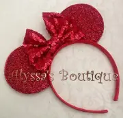 Minnie Mouse Shiny Red Ears Headband Red Sequin Sparkly Bow Christmas Adult Kid