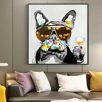 在飛比找蝦皮購物優惠-戴眼鏡的動物抽象狗拿著酒杯藝術手繪海報畫布繪小畫家畫家客廳裝