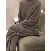 Pajama Set: Long-Sleeve Crew Neck Plain Ribbed Sweatshirt + Pants Set of 2 - Sweatshirt & Pants - Camel - 2XL