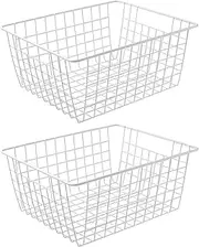 14" Upright Freezer Storage Baskets, Large White Wire Storage Bins Bakset for Freezer, Pantry, Bathroom Organizing, Set of 2