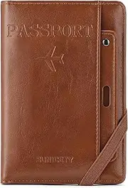 [RNIEGA] Rfid Passport Holder for Travel Women Men Passport Wallet Rfid Blocking with Card Slots and Pen Holder, Brown