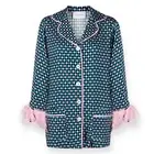 Sleeper Party Pajama Top Blue Pink Check Feathers Button-Up Medium fits L NWT