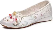 GHAKKE Women's Chinese Style Traditional Cheongsam Hanfu Shoes Retro Flowers Embroidered Flat Shoes Casual Pointed Toe Slip-on Shoes Stage Performance Oriental Shoes(White,6.5)