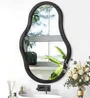 Irregular Wall Mirror Asymmetrical Wooden Framed Mirror Wavy Unique Hanging Mirror Modern Artistic Mirror Decor Bathroom Vanity Bedroom Living Room Entryway Hallway Large 24"x16"