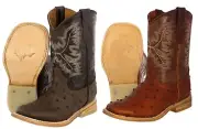 Kids Toddler Cowboy Boots Ostrich Quill Print Leather Square Toe Botas Vaquero