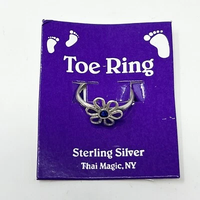 925 Sterling Silver Crystal Daisy Band Loop Flower Toe Ring Adjustable Blue Ston