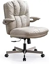 Ergonomic Office Chair White Fabric Art Executive Office Chair Ergonomic Home Desk Chair with Padded Flip-up Arms Swivel Rolling Chair for Adult Working Study Desk Chair