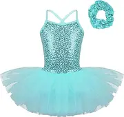 [Raenseen] Kids Girls Sequins Mesh Ballet Dance Tutu Dress Gymnastic Leotard With Hair Ties Dancewear Set