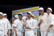England captain Alec Stewart holding the trophy after their s- Old Cricket Photo