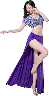 [ZSCAL] Women's Halloween Belly Dance Set, Women Print Tops and Waist Double Slit Flowy Long Maxi Skirt Belly Dance Set, Halloween Belly Dancing Outfit Practice Skirt, for Party Costume