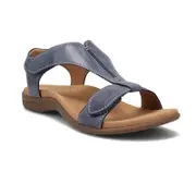 Nevenka Premium Leather Sandals for Women Hook & Loop Closure Flats-Dark Blue