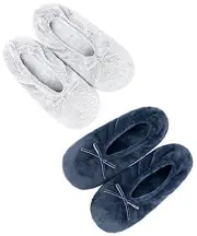 Panda Bros 2 Pairs Women's Ballerina House Slippers, Anti-Skid 5-7.5 Gray&navy