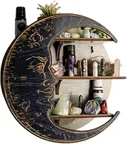 Wooden Moon Shelf Crystal Display Storage Rack Wall Hanging Shelf Organizer, Wooden Moon Shelf, Rustic-Style Home Wall Decor, for Crystals Stone, Essential Oil, Small Plant Decor (Black)