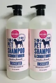 2 Bottles Paws & Bones ~ Unscented 2-in-1 Pet Shampoo & Conditioner 32 fl oz Ea.