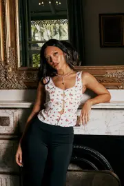 White Ditsy Floral Top Sleeveless Tie Front - Size 14L, Women's Top