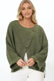 Casey Cardigan - Asymmetric Button Front Ribbed Cardigan in Olive