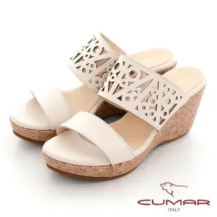 【CUMAR】兩截式一字帶度假風格坡跟涼拖鞋(米白色)