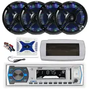 Pyle Bluetooth Marine Radio, Cover, Antenna,Amp w/Kit, 4x 6.5" LED Black Speaker