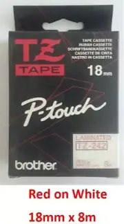 Genuine Brother P-touch Laminated Tape Cassette TZ-242 Red on White 18mm x 8m