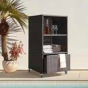 Outdoor Pool Towel Storage Cabinet Organizer Towel Valet Rack with Storage Shelves & Drawer Patio Wicker Pool Towel Holder with Rolling Wheels Poolside Caddy w/Cover for Hot Tub Spa Brown