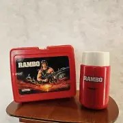 Rambo Lunchbox w/ Thermos Cup 1985 Vintage Red Plastic Collectible Set