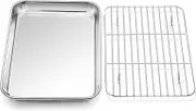 Toaster Oven Tray and Rack Set,P&P CHEF Stainless Steel Broiler Baking Pan with Cooling Rack, Rectangle 10.5''x8''x1'', Non Toxic & Dishwasher Safe
