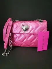 BETSEY JOHNSON Quilted W Hearts Shoulder Bag Chain Straps NWT Pink