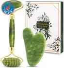 Gua Sha & Jade Roller Gift Set, Natural Green Face Roller and Gua Sha Stone Set,