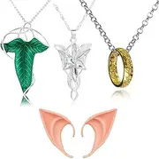 UoYu 4 pcs Arwen Evening Star Necklace Ring Pendant Chain Necklace Elven Green Leaf Brooch Pin Pendant Necklace Elf Ears Set