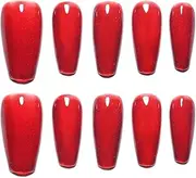 Sun&Beam Nails Handmade Press-on Medium Long Coffin Red Ruby Magnet False Nail Tips Hand-drawn Design Fashionable 10 Pcs Set (#164 M)