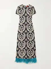 [La DoubleJ] La DoubleJ - Swing Feather-trimmed Printed Silk-twill Maxi Dress - Black - xx small xx small Black