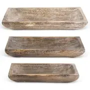 SET OF 3 CARVED RECTANGULAR PAULOWNIA WOOD TRAYS