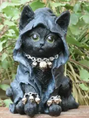 Black Cat Devil Witch Statue ~ with Cloak and Skulls