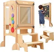 FORUBAR Foldable Toddler Kitchen Tower, Baby Montessori Kitchen Helper with Safety Rail, Kids Wooden Learning Tower Adjustable Learning Step Stool