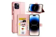 For Apple iPhone 14 Pro Case RFID Blocking Retro Flip Premium Leather Card Holder Wallet Cover (Rose Gold)