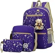 [WNFQJJRM] Backpack Set 3Pcs,School Backpacks for Girls with Lunch Bag Set, Pencil Case, Korean Canvas Printing Large Capacity Backpack College High School Schoolbag-Purple